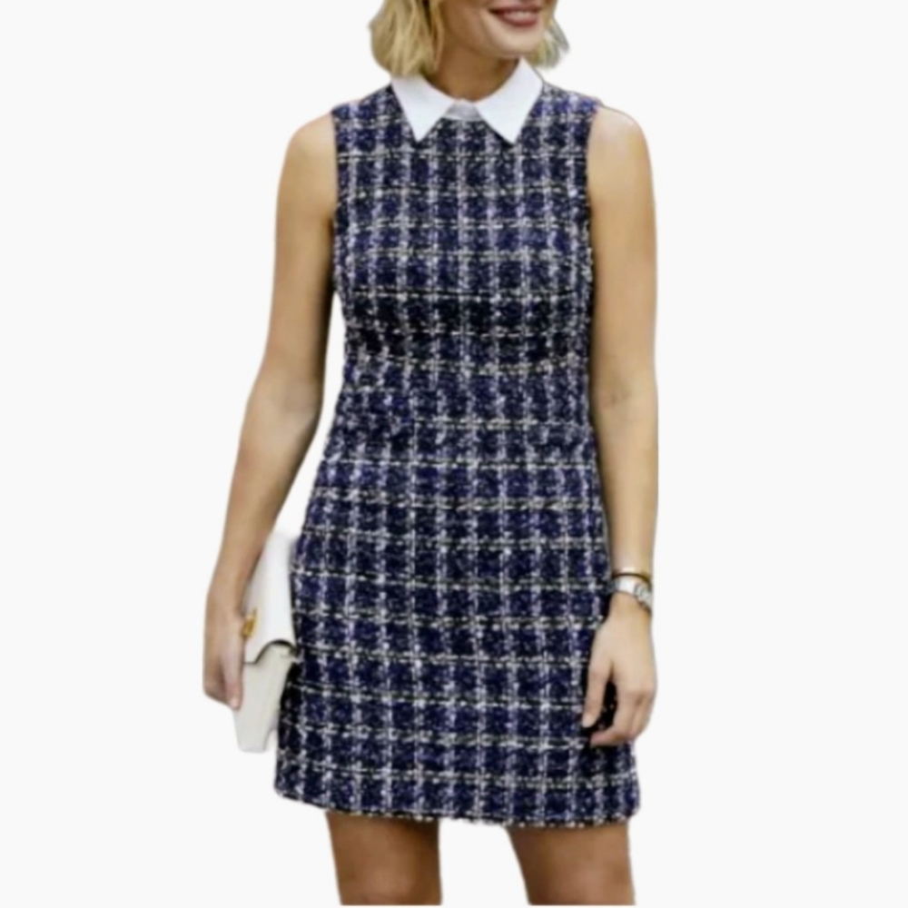 Eliza J Bouclé Plaid Sequin Shirt Collar Dress